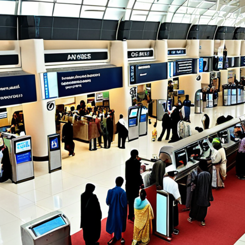 **A bustling, modern airport terminal in Pakistan.  Long lines of people are at check-in counters.  Focus on diverse Pakistani people in traditional and modern clothing, architectural details of the terminal reflecting local design, with a hint of Urdu signage.**