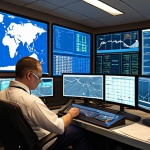 **

A busy airline operations control center. Focus on a controller at their workstation, reviewing flight plans, weather data on multiple screens, and fuel calculations, emphasizing the detailed planning process.

**