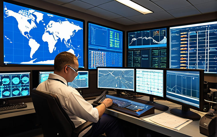 **

A busy airline operations control center. Focus on a controller at their workstation, reviewing flight plans, weather data on multiple screens, and fuel calculations, emphasizing the detailed planning process.

**